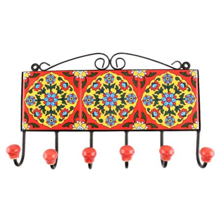 Ceramic Floral Tile Hook in Red 